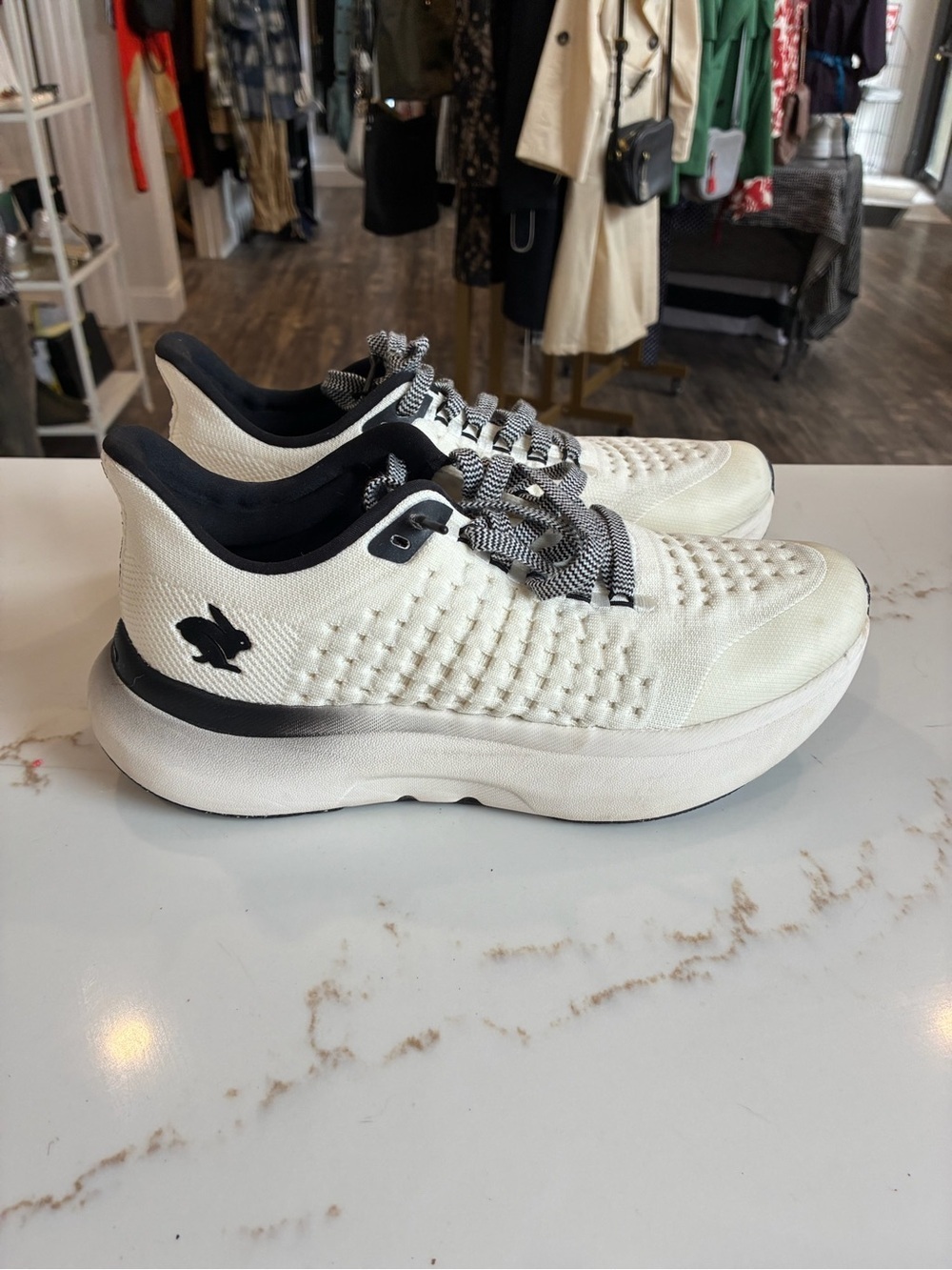 Rabbit White Knit Platform Sneakers with Black Accents